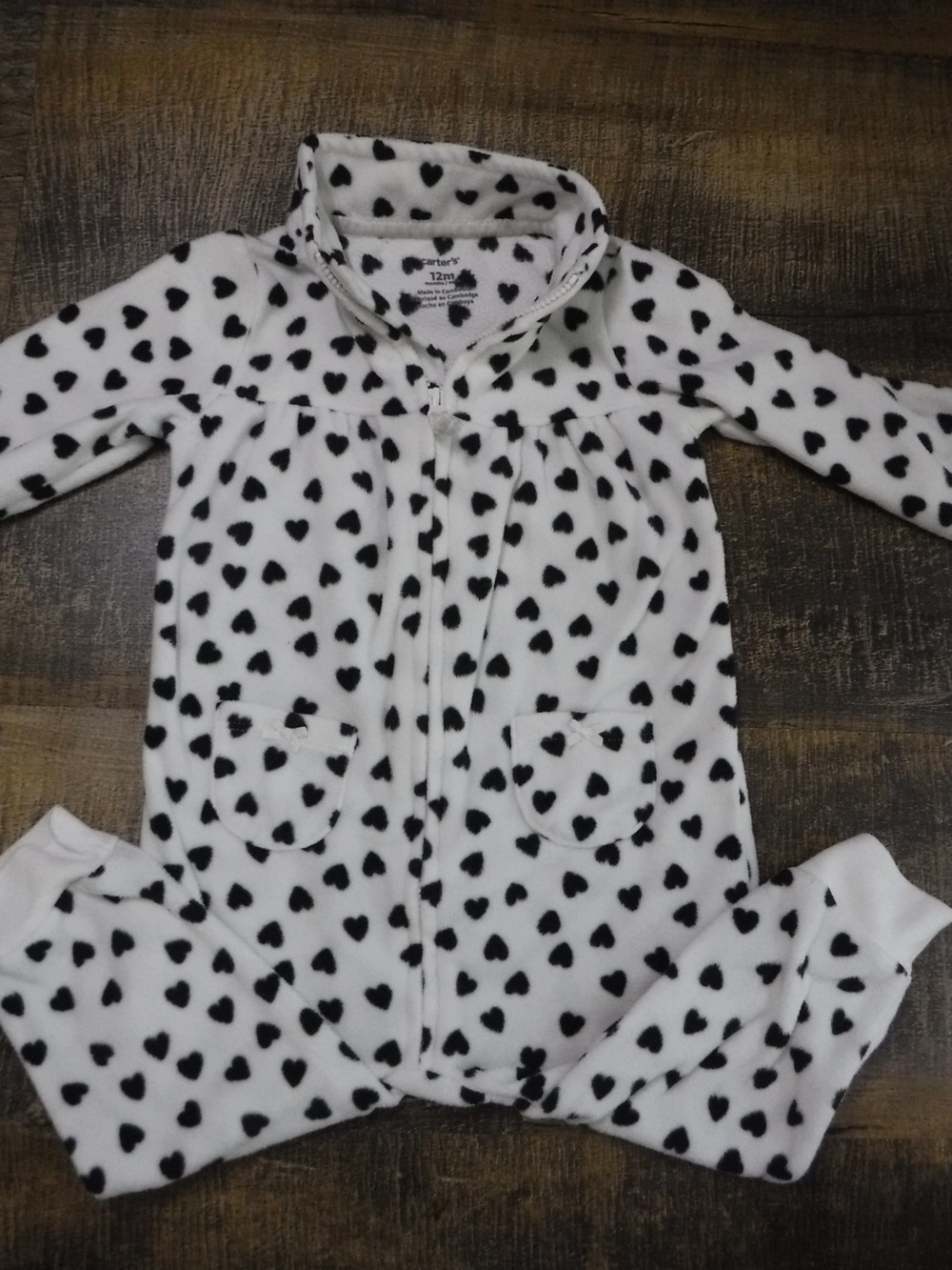 Carter's White Fleece One-Piece with Black Heart Print